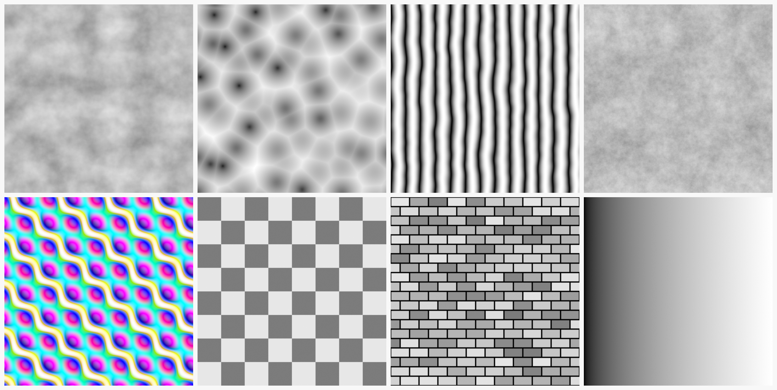 Gallery of eight procedural texture types rendered on flat planes