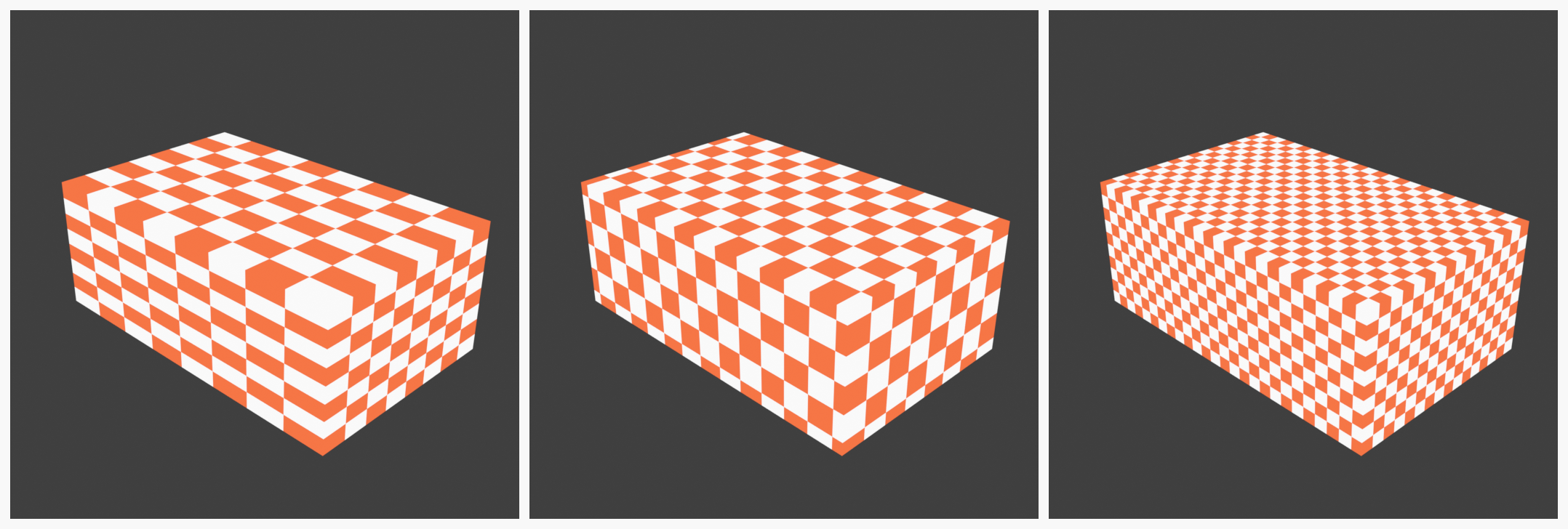 The same high-contrast checker texture mapped onto three identical cubes using Generated, UV, and Object texture coordinates, showing how each coordinate system changes the texture placement and scale.