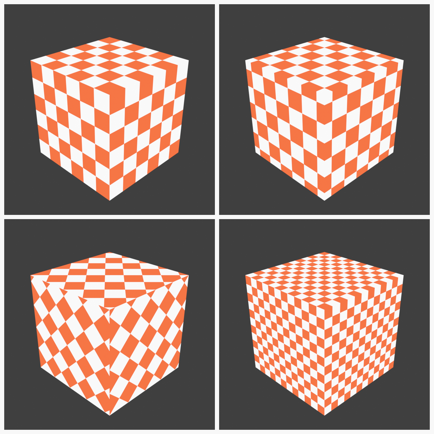A baseline checker cube and the same cube with the Mapping node's Location, Rotation, and Scale applied. Location shifts the checker, Rotation turns it 45 degrees, and Scale doubles the tiling density.