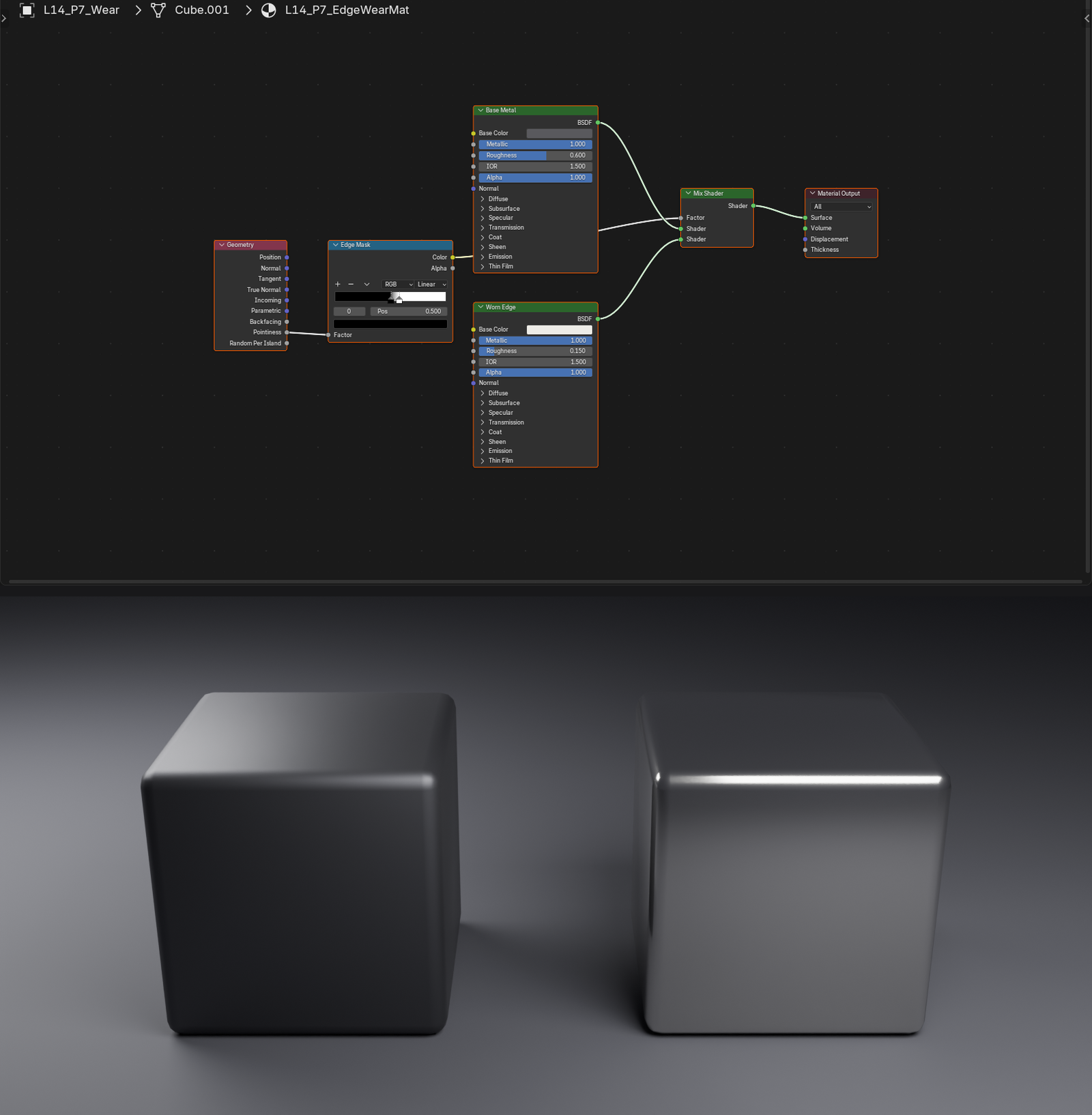 A composite showing the edge-wear node setup on top (Geometry Pointiness into a ColorRamp edge mask driving a Mix Shader) and the before/after rendered result on the bottom, comparing a clean surface against one with worn edges.