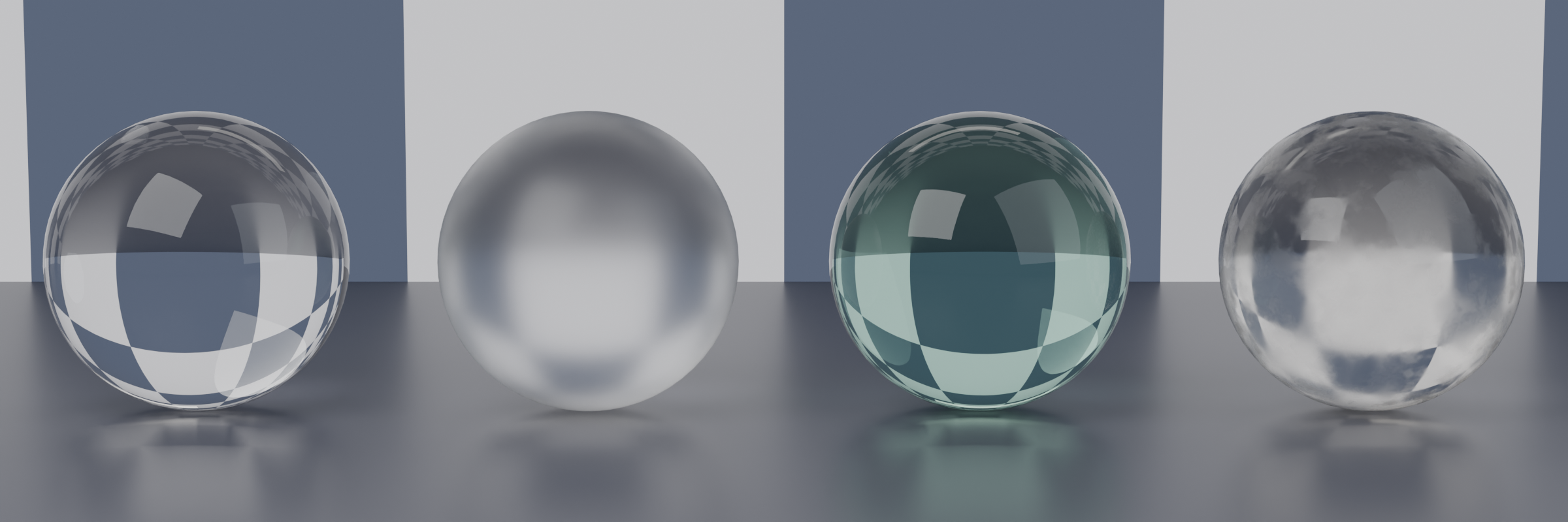 Four glass spheres rendered in Cycles over a checker backdrop showing clear, frosted, tinted, and dirty finishes.