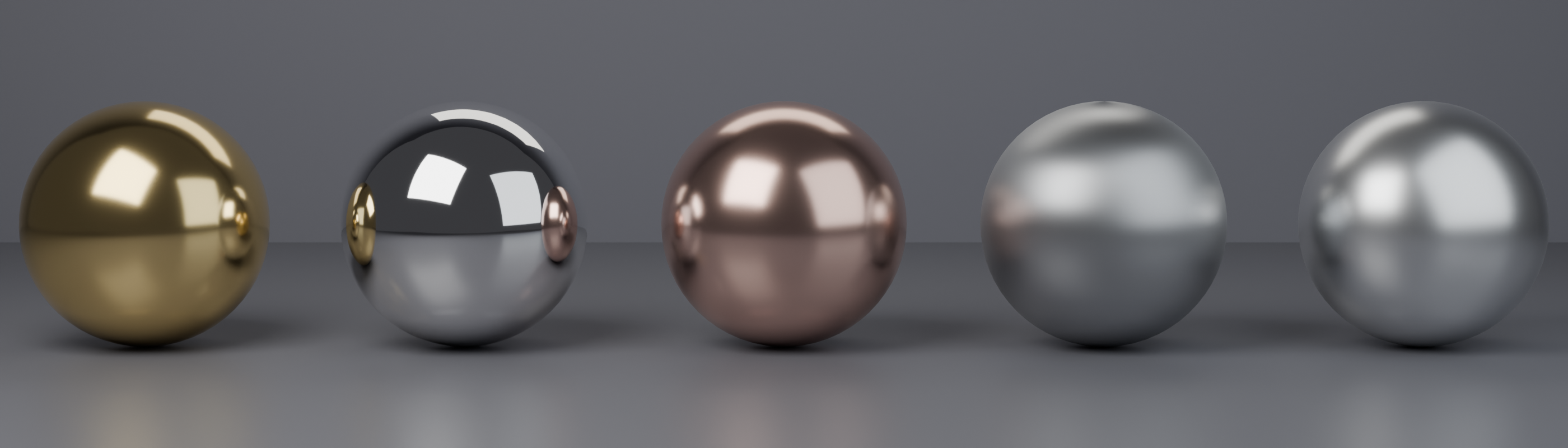 Five metal spheres rendered in Cycles showing gold, chrome, copper, brushed steel, and aluminum, all with metallic set to 1.0.