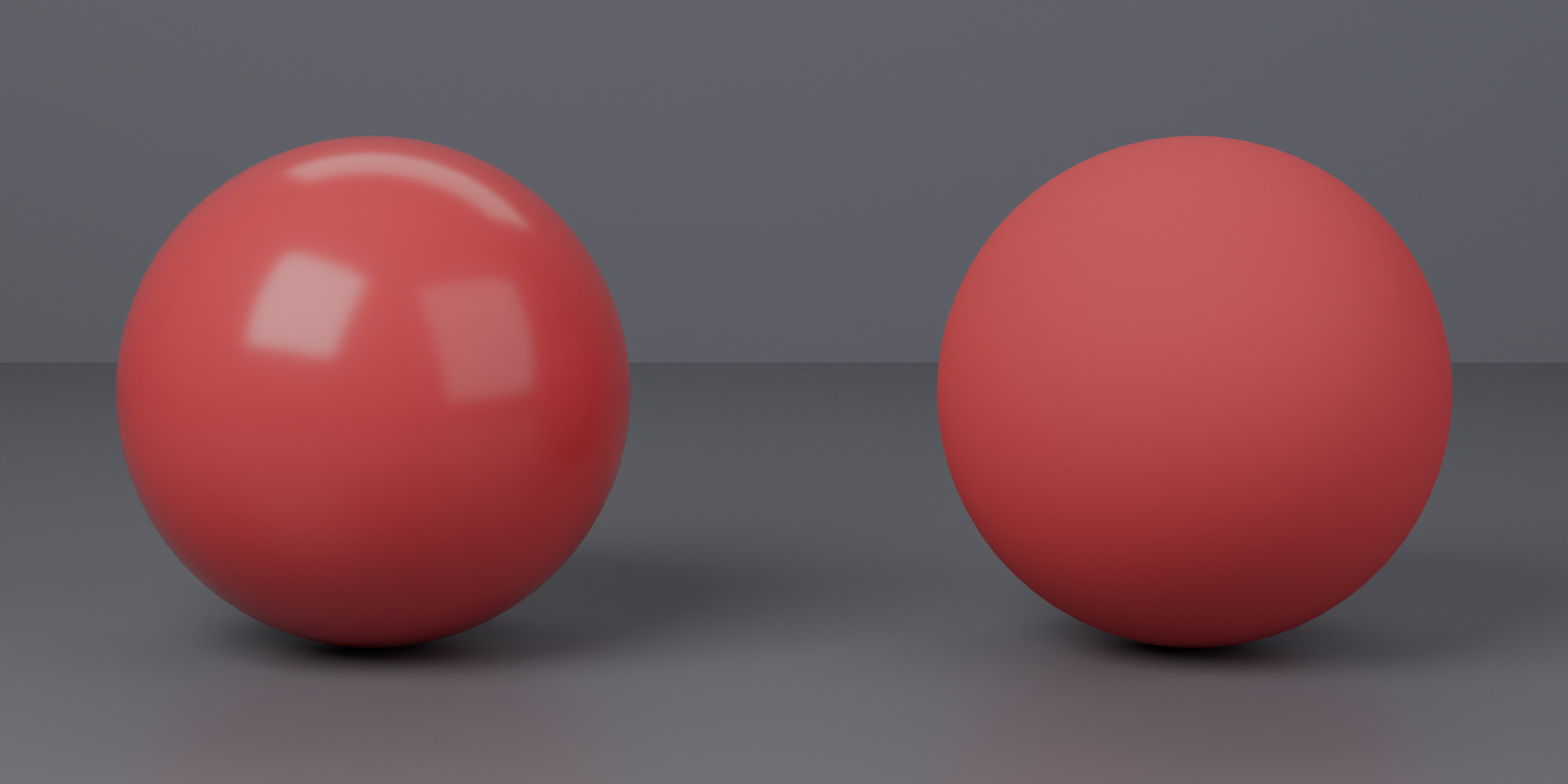 Two red plastic spheres rendered in Cycles, the left glossy at roughness 0.2 and the right matte at roughness 0.8.