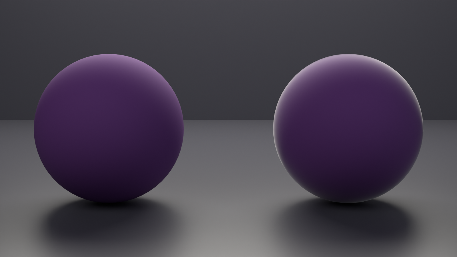 Two deep-purple fabric spheres rendered in Cycles, the left with sheen off and the right with sheen on showing a velvet rim halo.