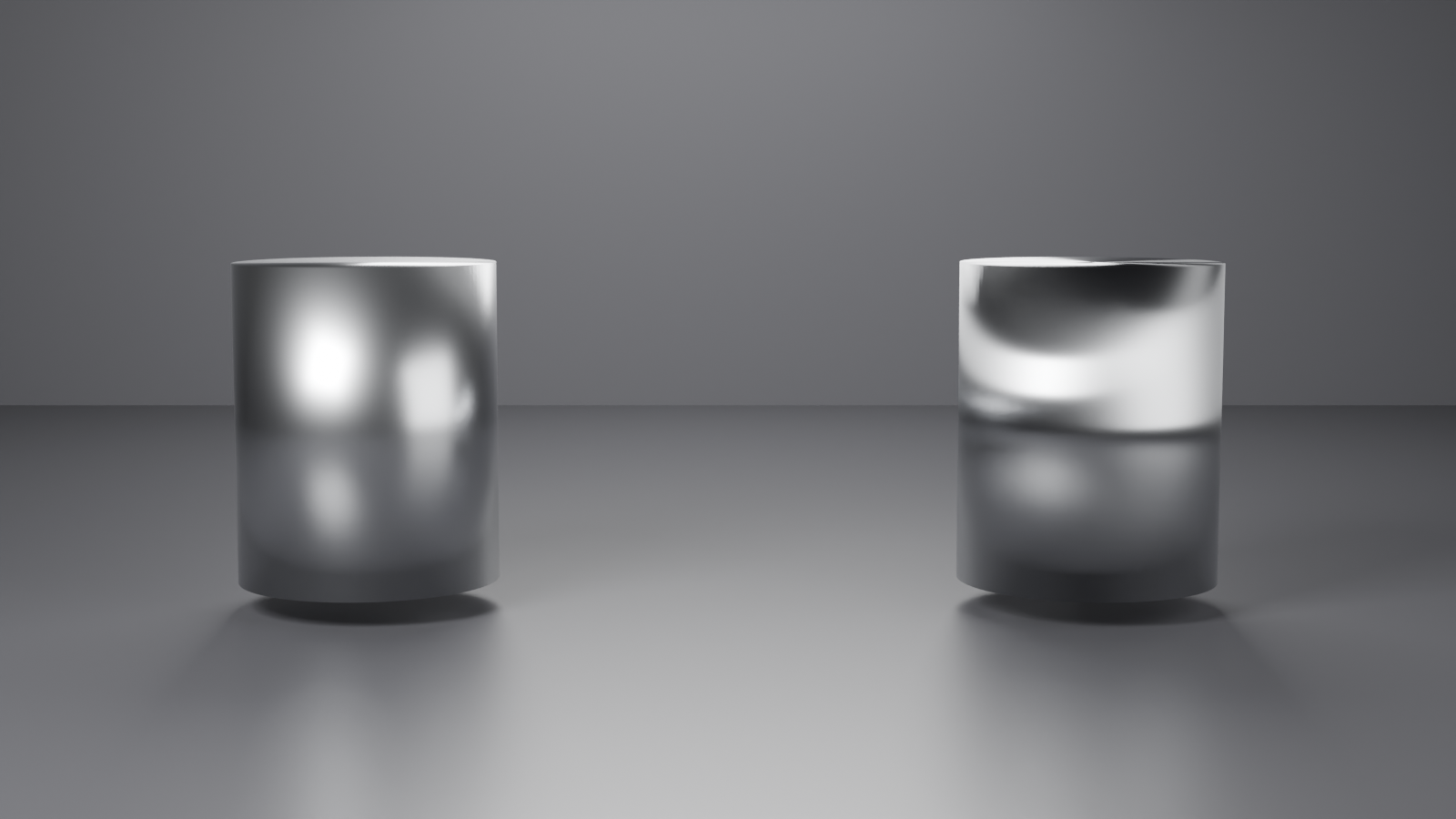 Two brushed-steel cylinders rendered in Cycles, the left with anisotropic reflection off showing round isotropic highlights and the right with anisotropic on showing highlights stretched along the brushed direction.