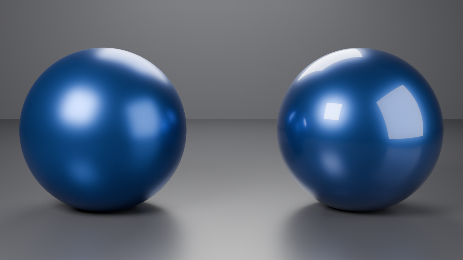 Two metallic-blue car-paint spheres rendered in Cycles, the left without clearcoat and the right with a glossy clearcoat layer producing sharper reflections.