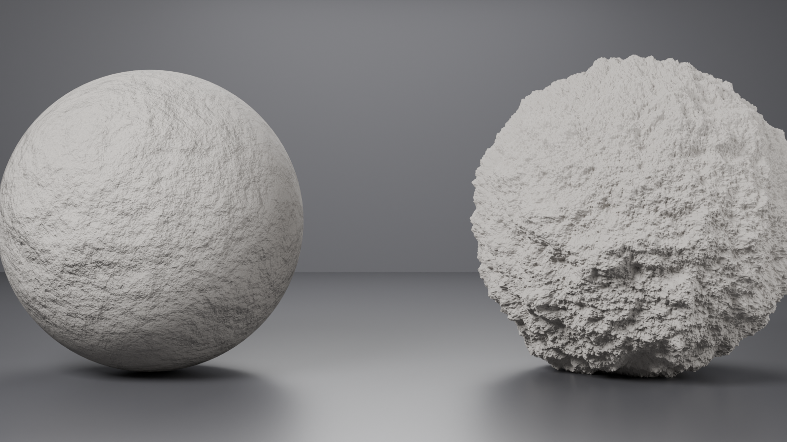 Two rocky spheres rendered in Cycles, the bump-mapped left sphere keeping a smooth silhouette and the displacement-mapped right sphere showing a jagged silhouette of real geometry.