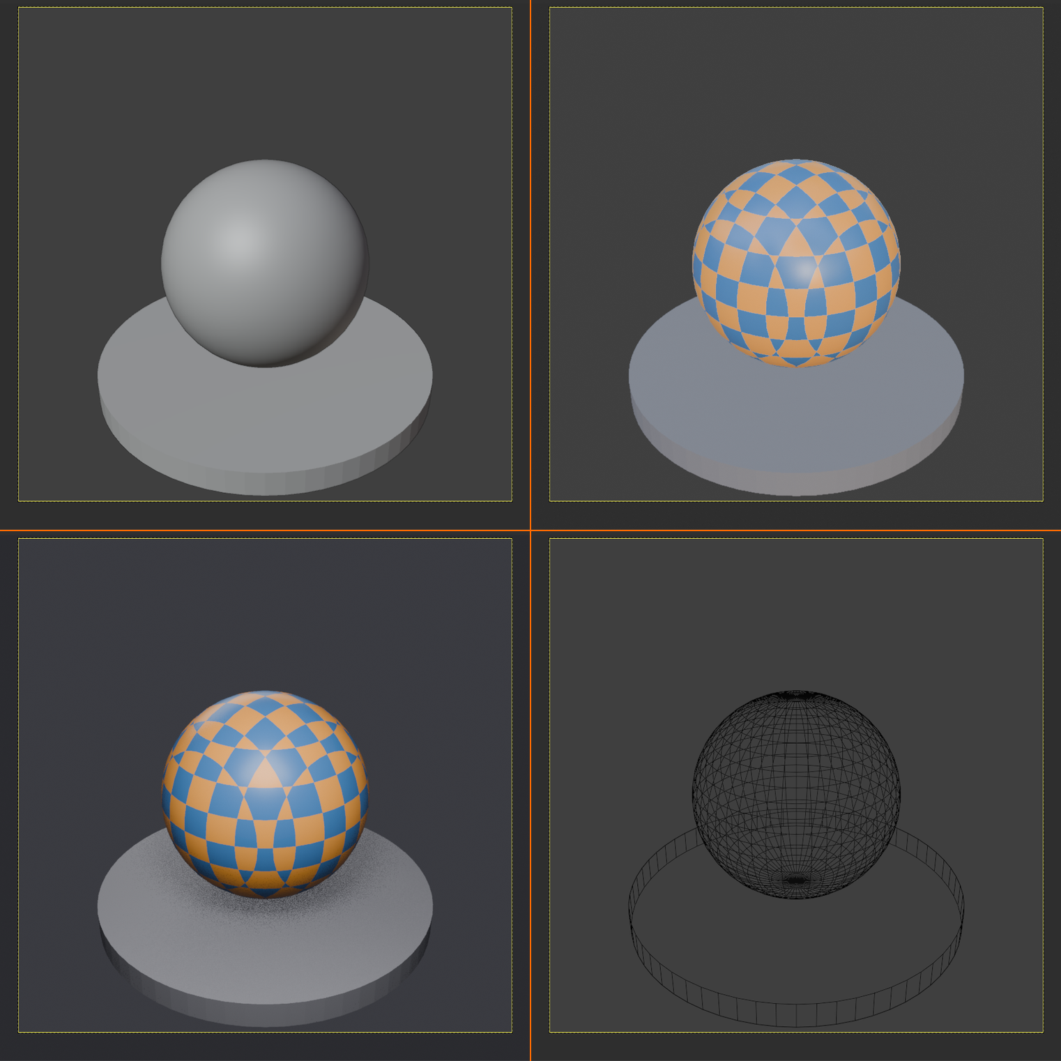 The same object in all four viewport shading modes: Solid, Material Preview, Rendered, and Wireframe.