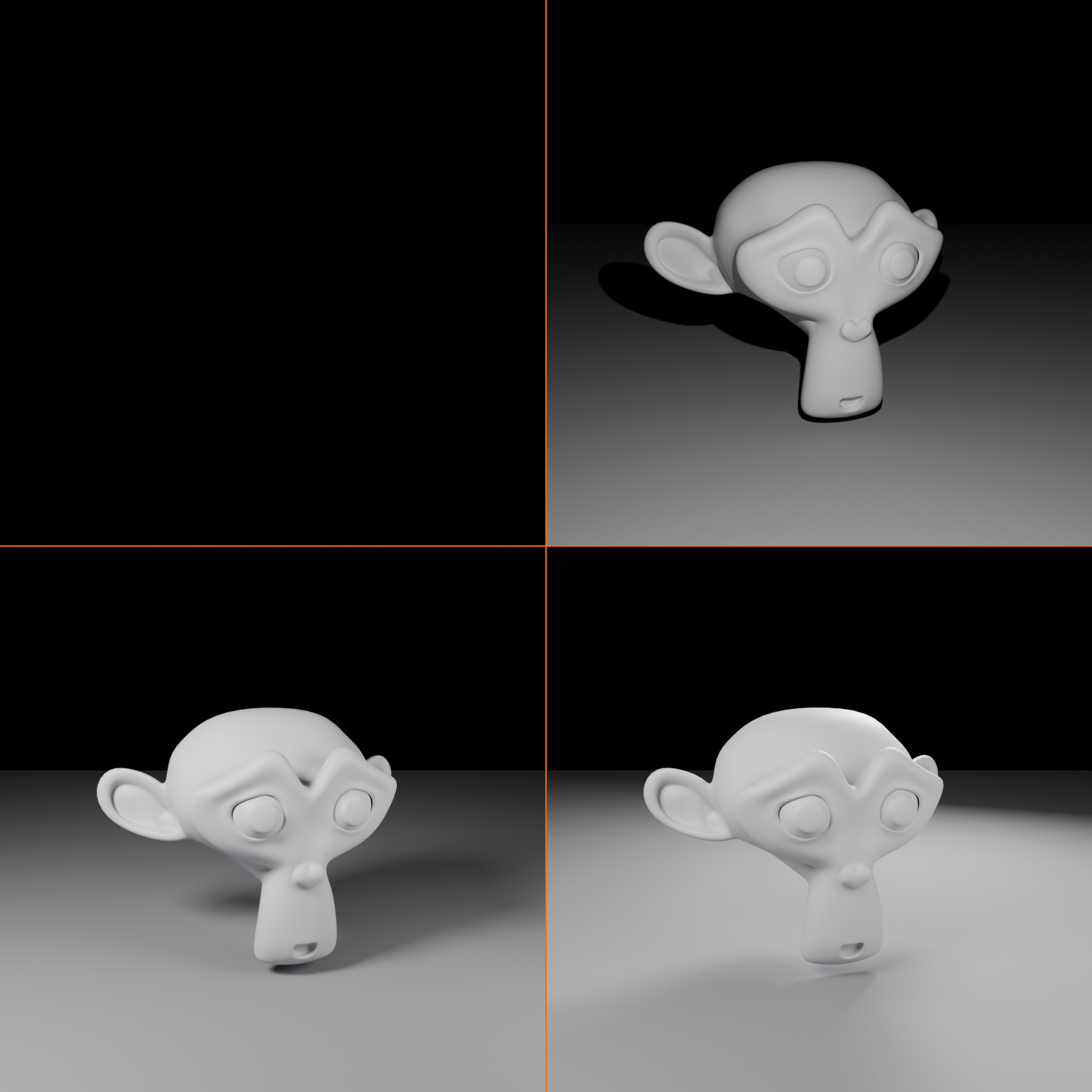 Four renders of the same model under different lighting: no lighting (black), poor lighting (flat and harsh), good lighting (dimensional key and fill), and excellent lighting (soft three-point setup).