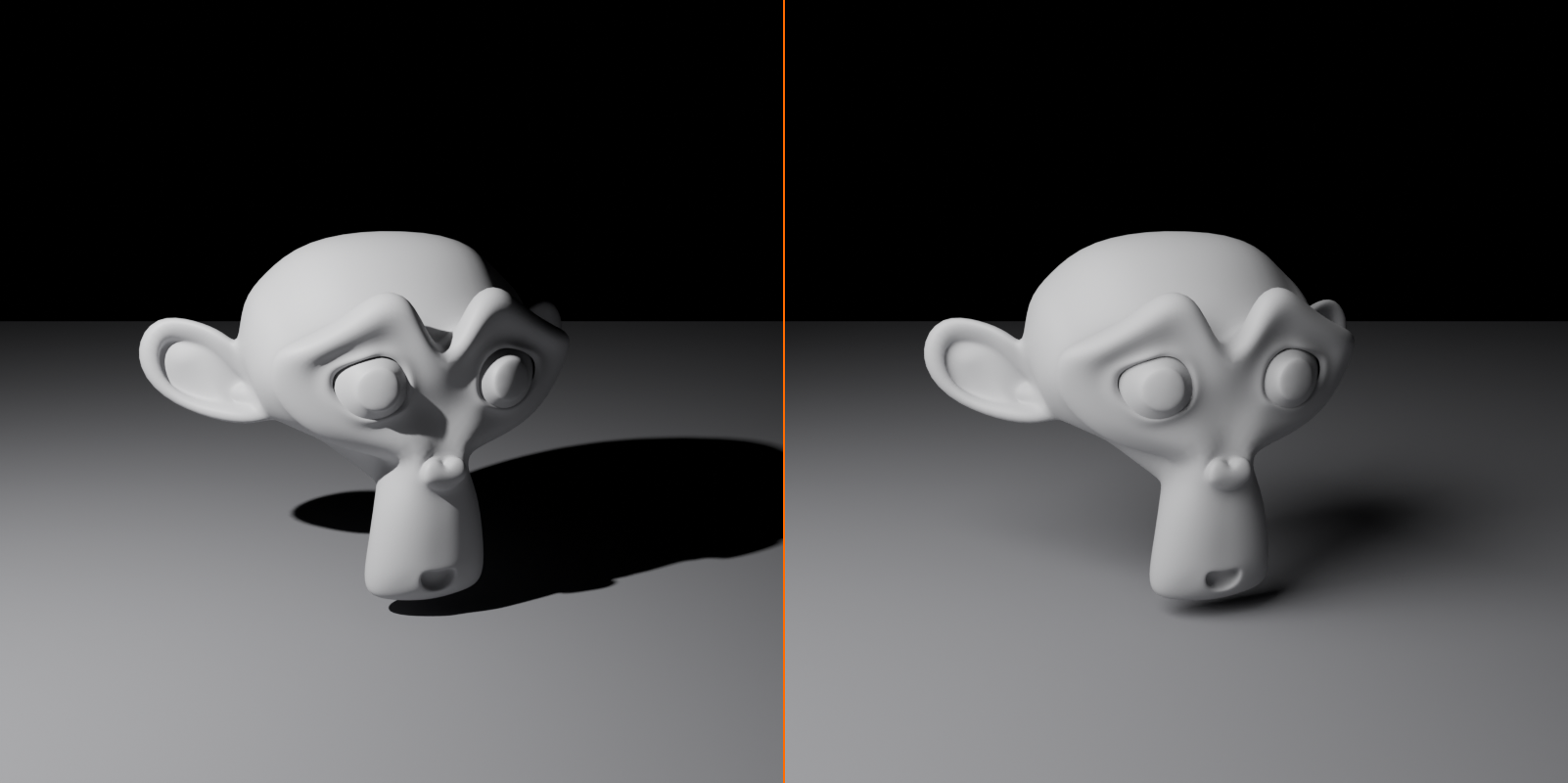 Two renders of the same scene: hard light from a small source casts a sharp-edged shadow, and soft light from a large source casts a shadow with a broad, gradual penumbra.