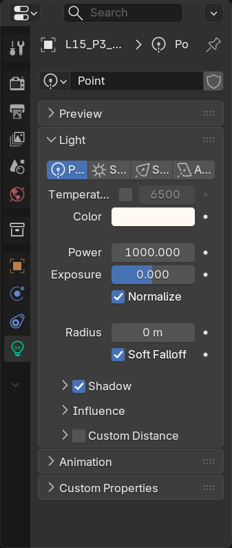 Blender's Light Data Properties panel with four sections highlighted: light type selector, color and power, shadow settings, and custom distance.