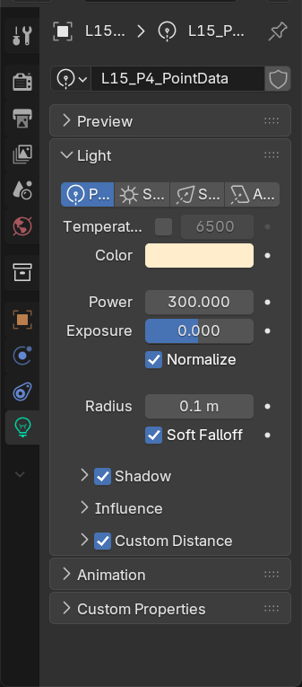 The Light Data Properties panel for a point light, showing the type selector, color, power, radius, and custom distance settings.
