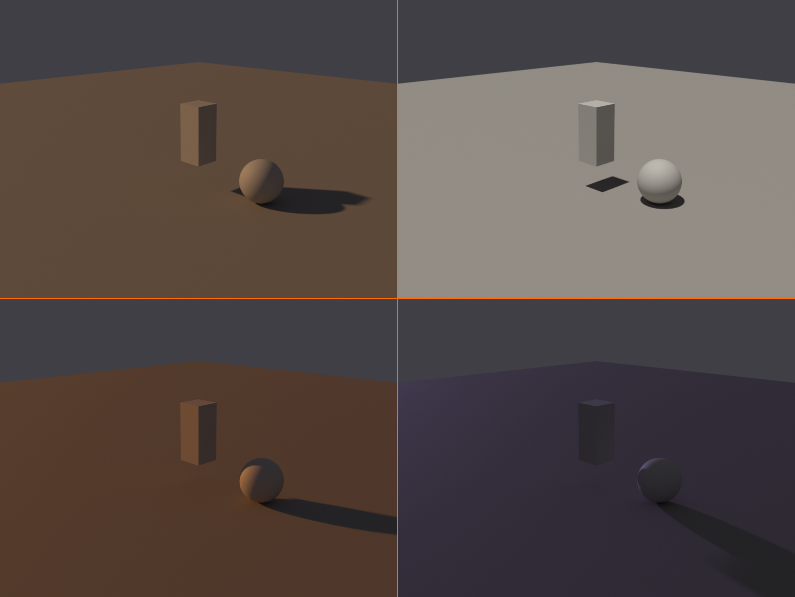 The same outdoor scene rendered at four times of day with a sun light: warm low morning, bright overhead midday, vivid orange golden hour, and cool purple dusk, each with a different shadow length and color.