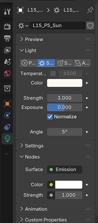 The Light Data Properties panel with a sun light selected, showing the Color, Strength, and Angle settings.