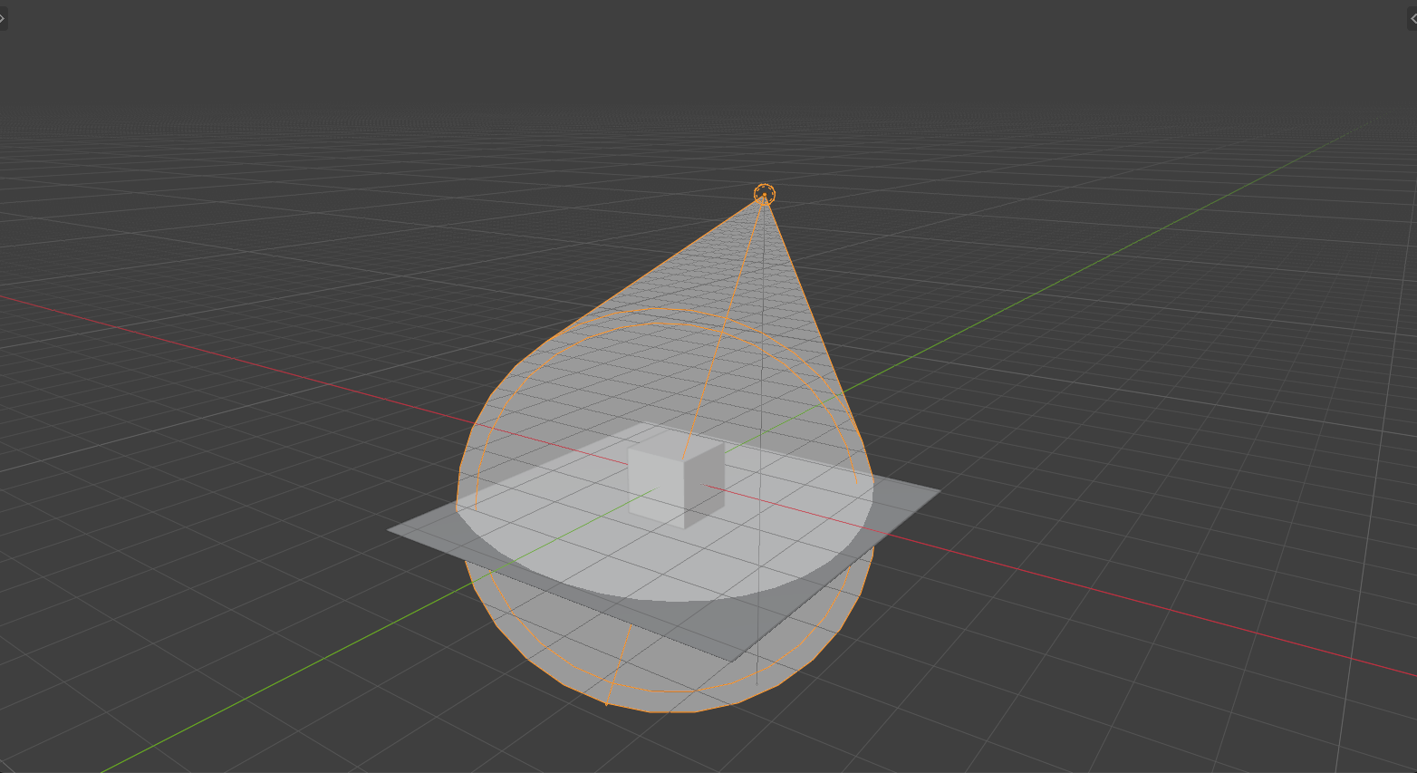 A spot light selected in the viewport with its cone visualization on, aimed at a cube. A dotted leader from the light to the target shows a Track To constraint locking the aim onto the object.
