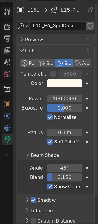 The Light Data Properties panel for a spot light, with numbered markers on the light type toggle, power, spot size (angle), blend, and show cone controls, and a legend explaining each.