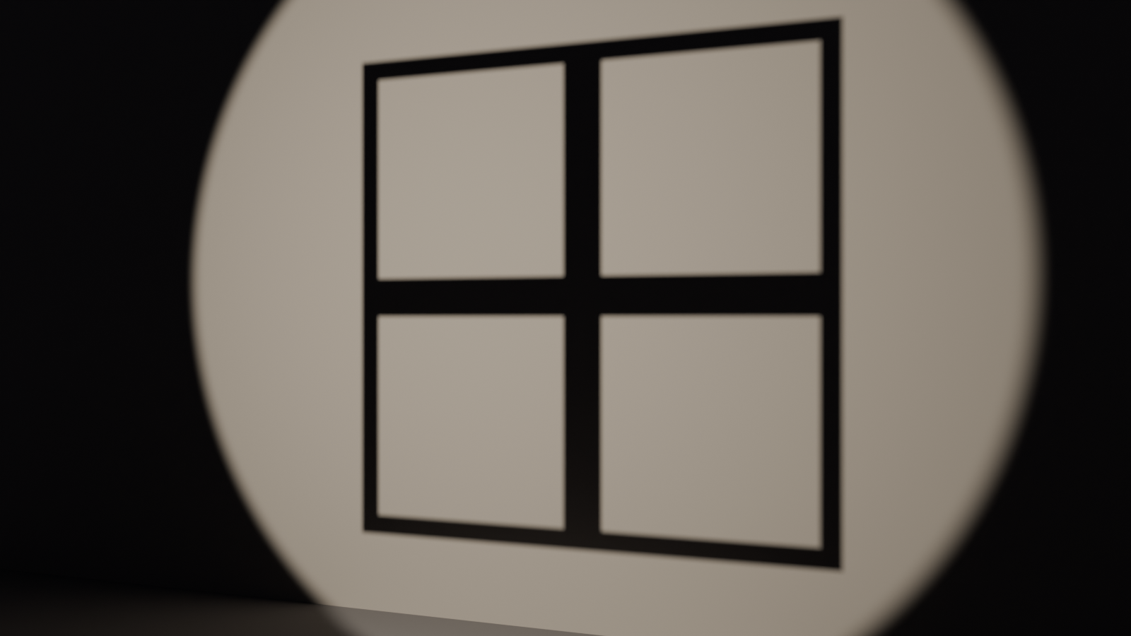 A spot light projecting a window-frame pattern onto a wall, the bright panes and dark mullions of the cookie casting a recognizable gobo shape inside a soft circular pool.
