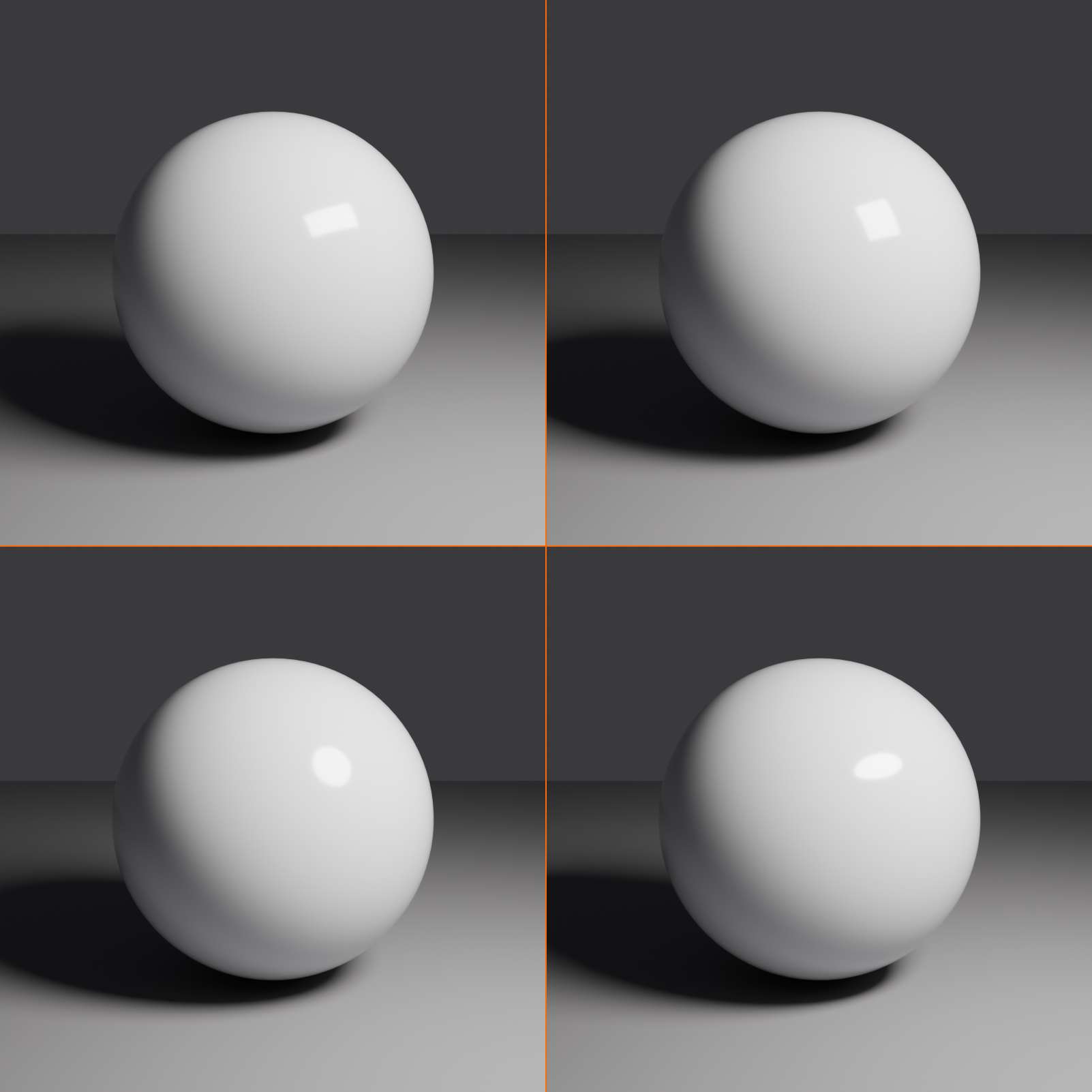 Four renders of a glossy sphere lit by area lights of different shapes: rectangle, square, disk, and ellipse. The shape of the area light appears as a matching specular highlight on the sphere.