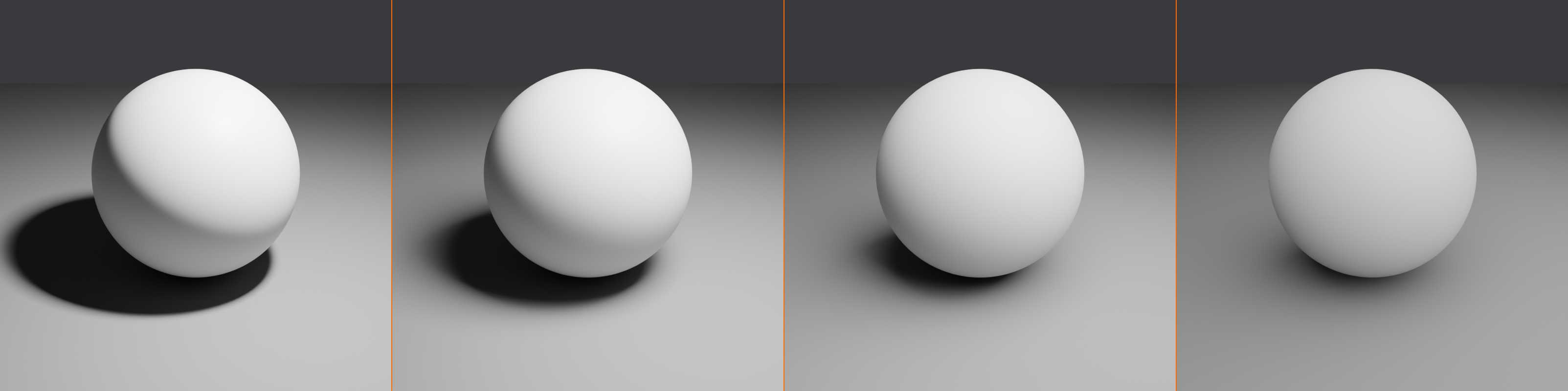 Four renders of a sphere casting a shadow, with the area light growing from 0.5 m to 10 m. As the light gets larger, the shadow edge becomes progressively softer.