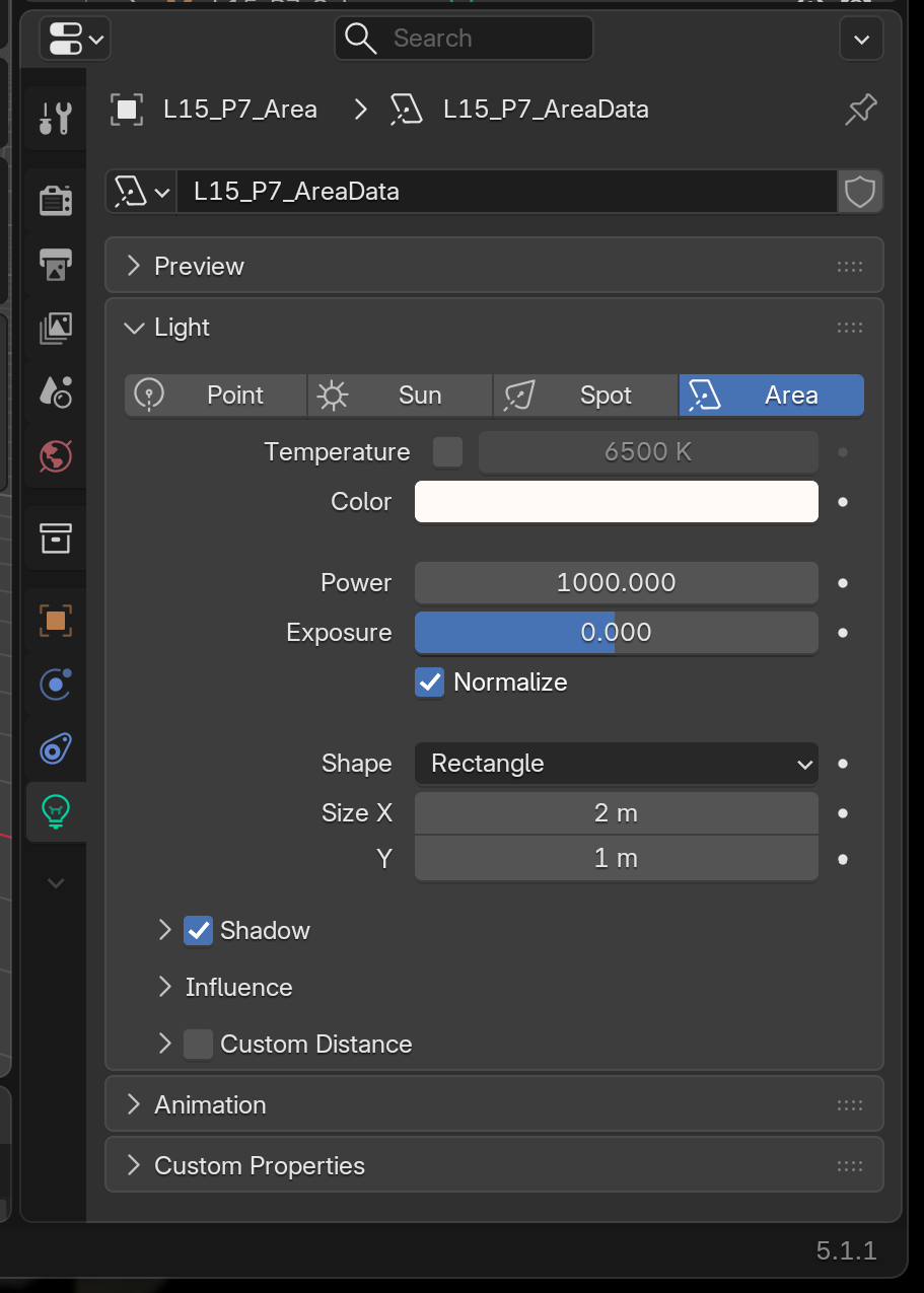 The Light Data Properties panel for an area light, showing the type selector set to Area, the color swatch, power, shape, and size X and Y fields.
