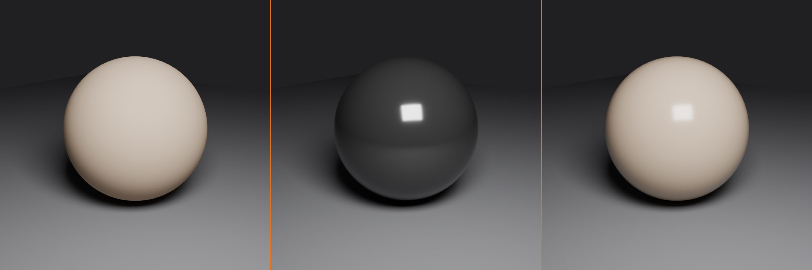 The same material rendered three ways: diffuse only shows matte color with no highlight, specular only shows a bright highlight on a near-black body, and combined shows both together.