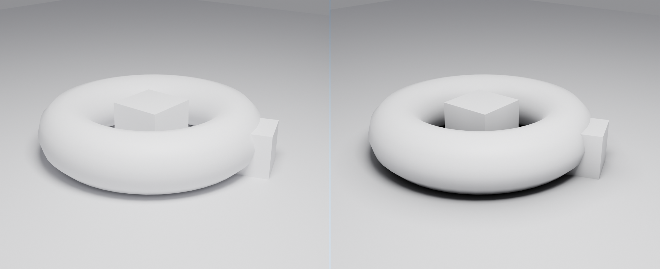 The same scene with contact shadows off and on. Without them the objects look like they are floating; with them, dark shadows appear in the crevices and at contact points, grounding the objects.