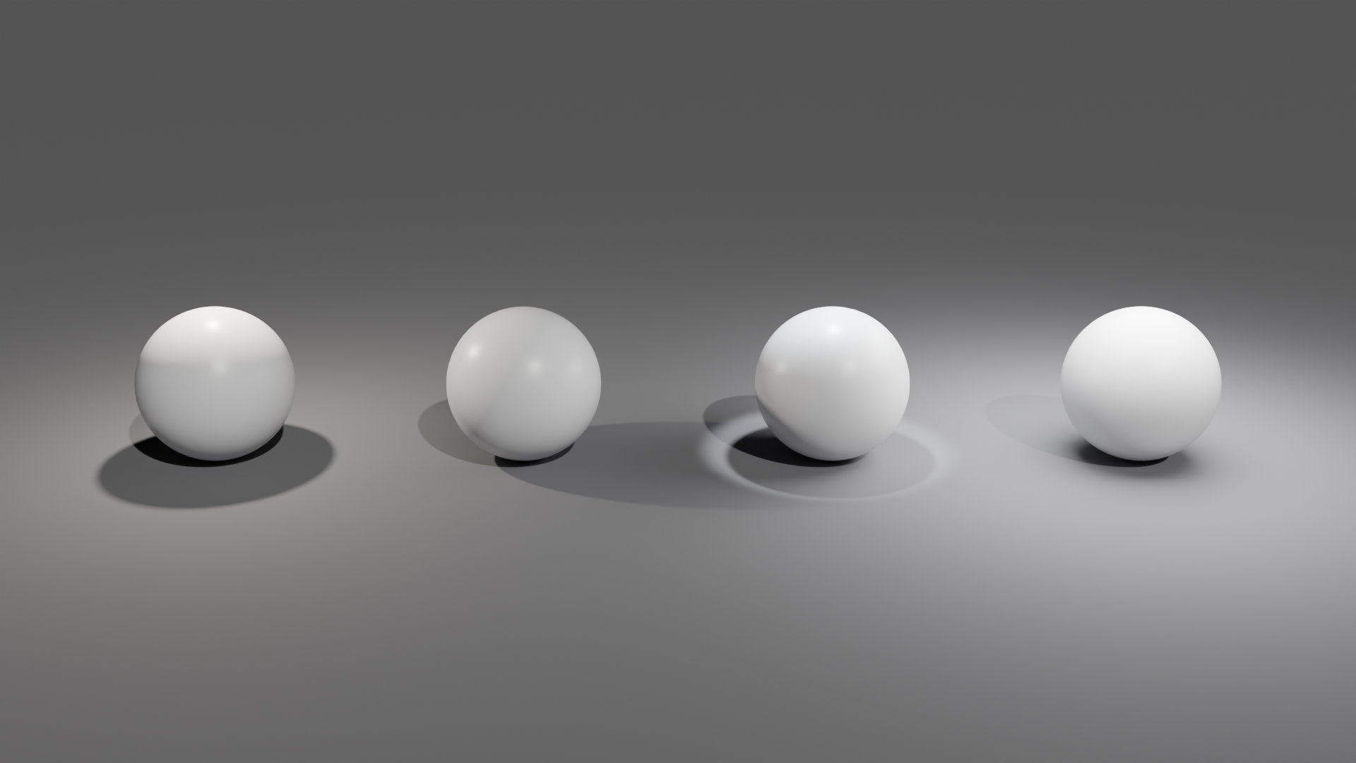 Project result render: four spheres in a row, each lit by a different light type showing its characteristic shadow