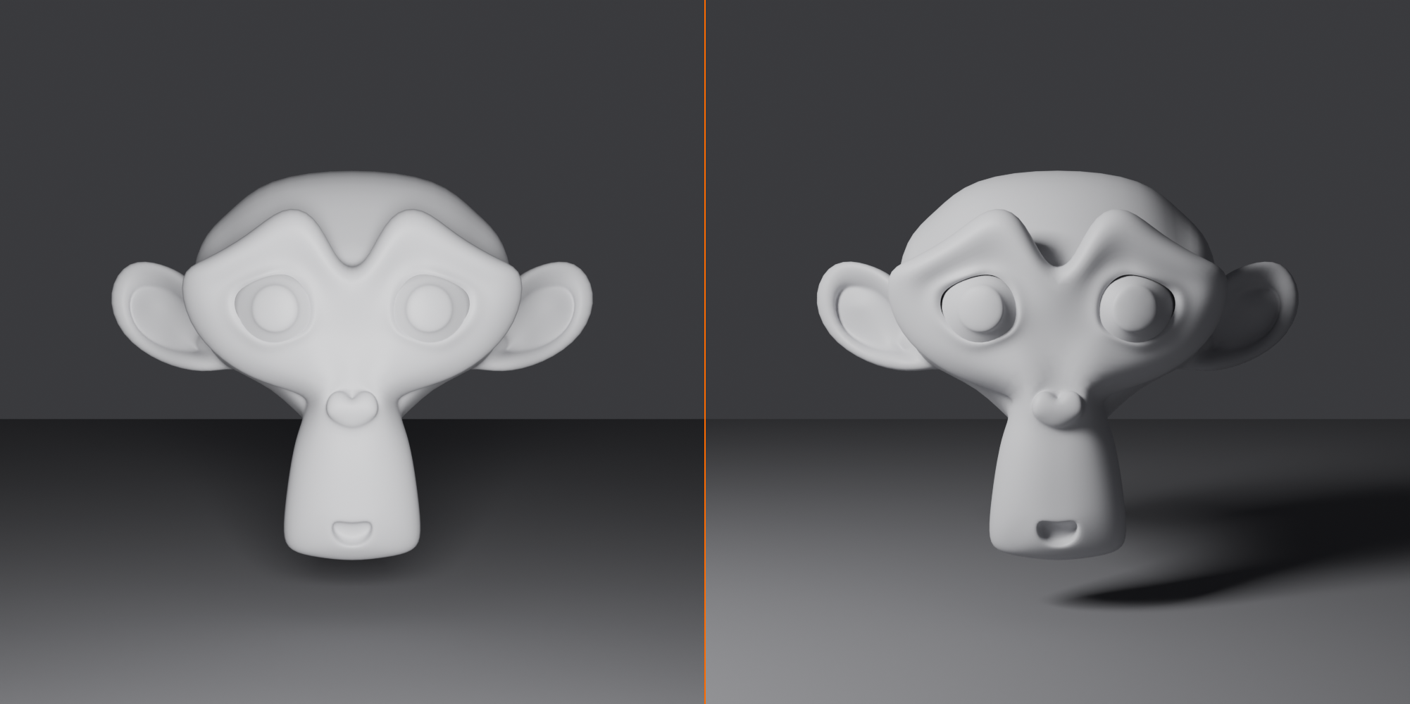 Side-by-side comparison of flat front lighting versus 45-degree angled lighting on the same subject. The flat front lighting washes out form and looks dimensionless, while the angled lighting reveals shape and depth.
