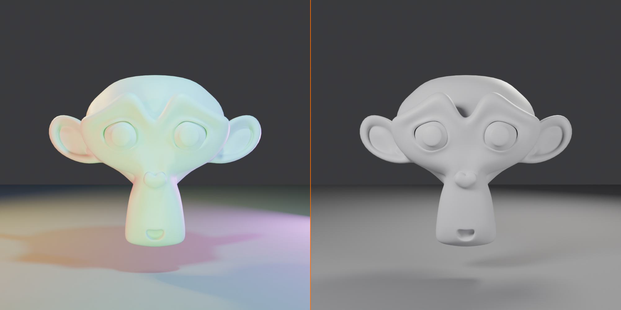 Side-by-side comparison of a scene lit by too many competing lights versus a clean three-light setup. The crowded setup produces conflicting colored shadows and muddied form, while the three-light setup reads cleanly with a single clear shadow direction.