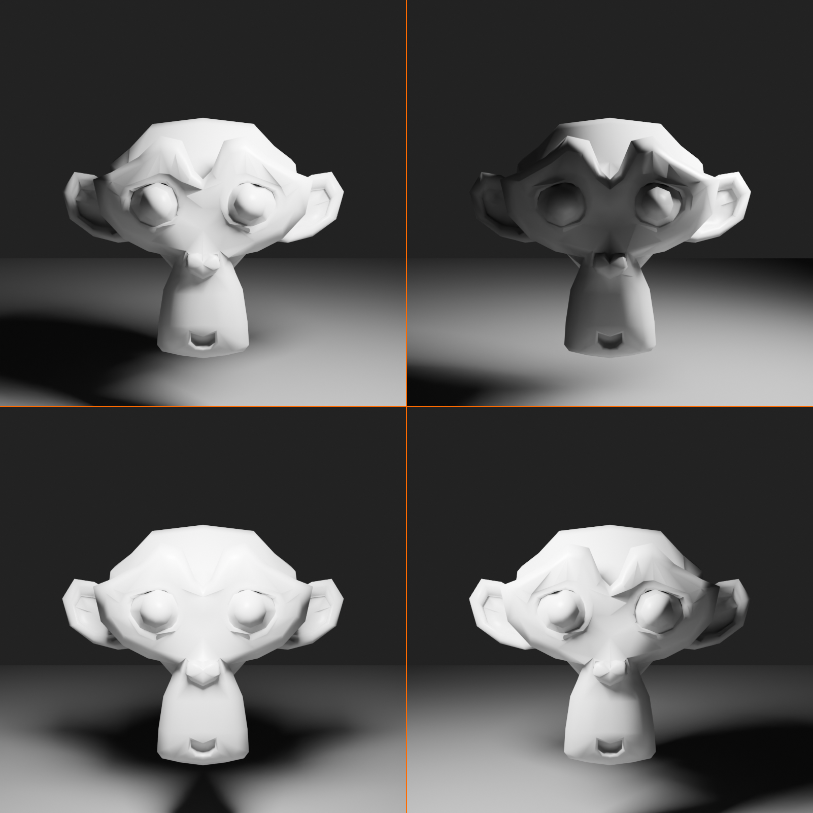 The same subject lit by a key light from four positions: 45 degrees right gives a standard portrait look, 90 degrees to the side gives dramatic split lighting, frontal gives flat even lighting, and 45 degrees left mirrors the standard setup.