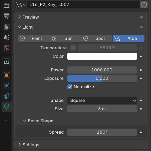 Blender's Light Properties panel for a key light, with four settings marked: 1 the Area light type, 2 the Power value of 1000 W, 3 the Square shape, and 4 the Size of 3 m. A legend explains each setting's role.