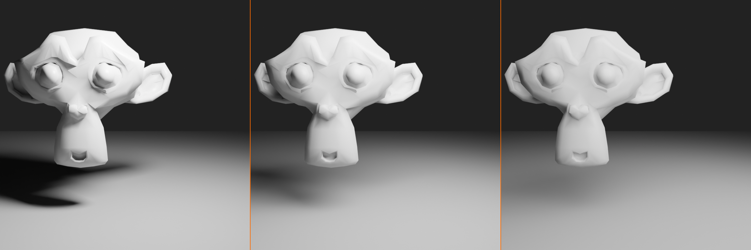 Three renders of the same subject lit by Area lights of increasing size: a 1 m light casts hard, sharp-edged shadows; a 3 m light casts soft shadows; a 6 m light casts very soft, gentle shadows. Larger light sources produce softer shadows.