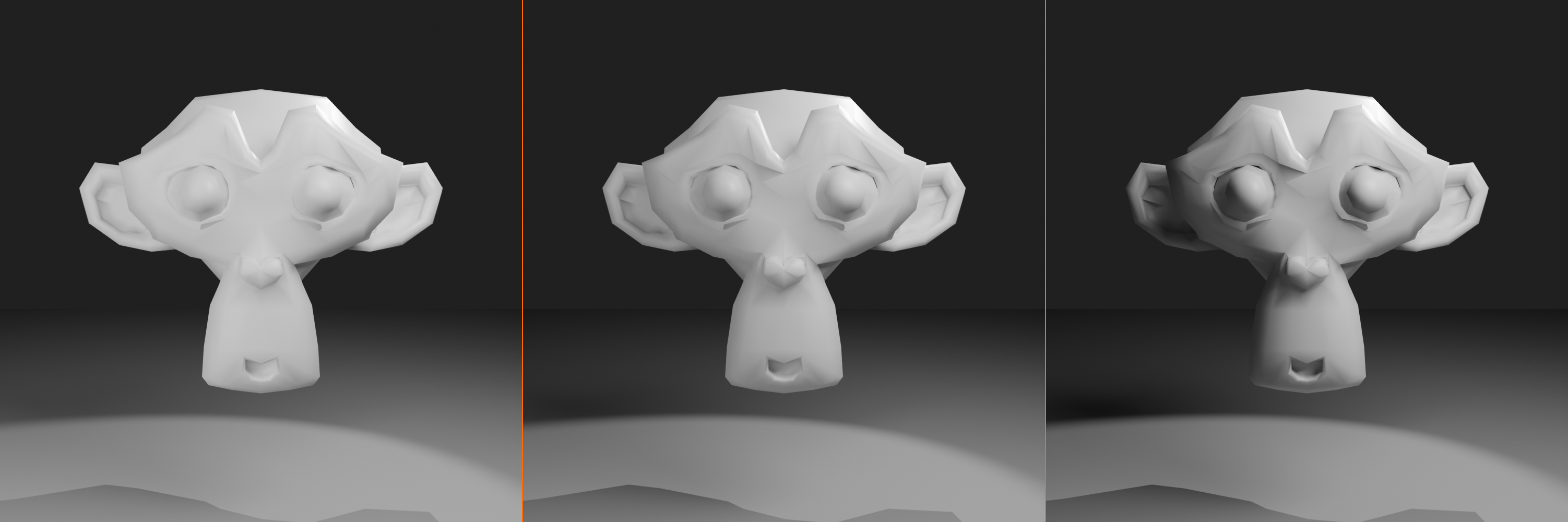 Three side-by-side renders of the same subject showing fill-light errors: too much fill flattens the form, balanced fill looks natural, too little fill leaves harsh dark shadows.