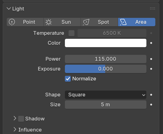Blender Area light data properties for a fill light: Power 115 W, Shape Square, Size 5 m, with the Shadow checkbox unchecked.