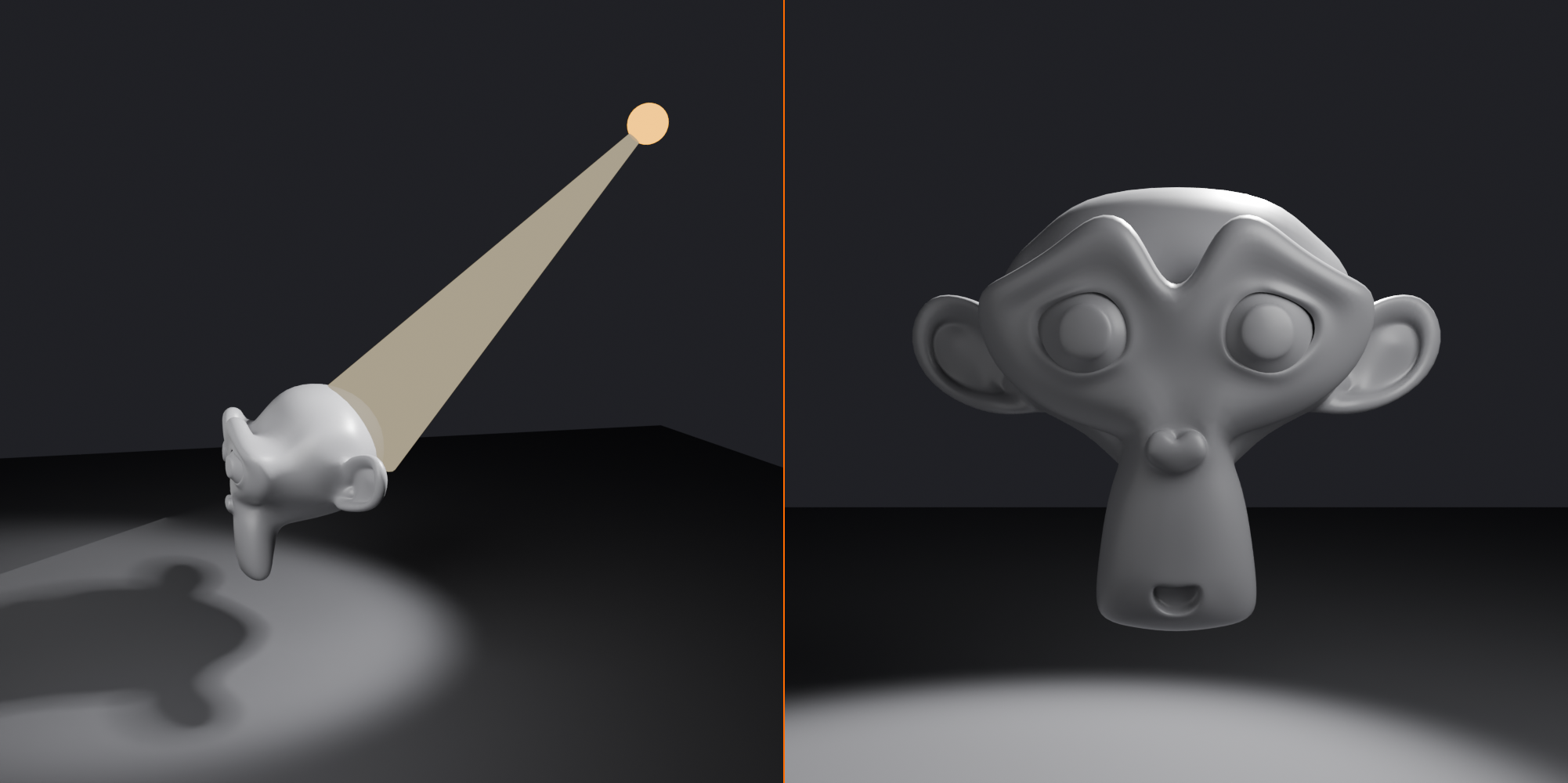 Split view of a rim light: on the left, a side setup shows the rim spot positioned behind and above Suzanne, its beam grazing the back edge of the head; on the right, the camera-view render shows the resulting bright edge highlight separating the subject from the dark background.