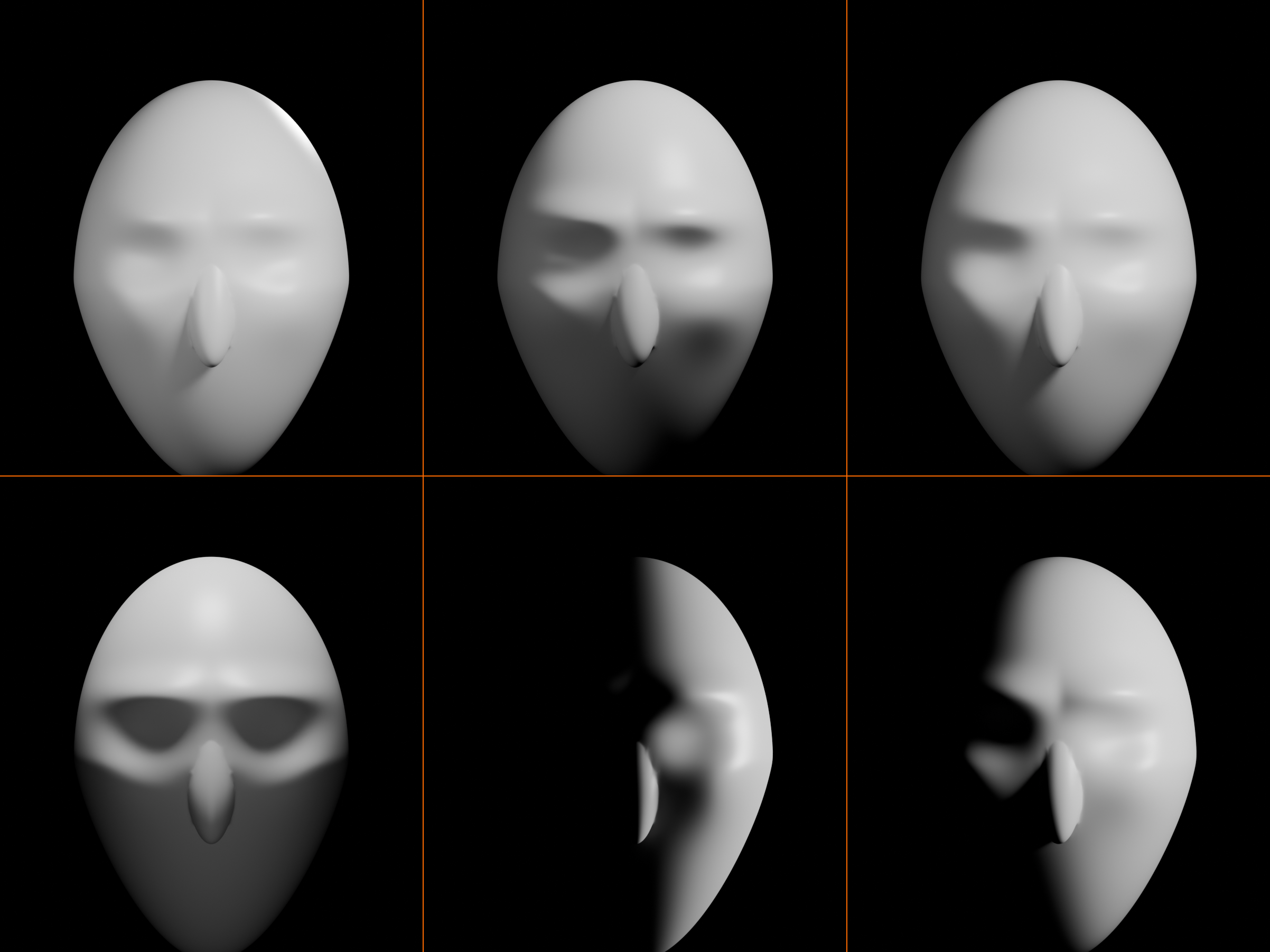 Six-panel grid of one bust under standard, Rembrandt, loop, butterfly, split, and low-key lighting