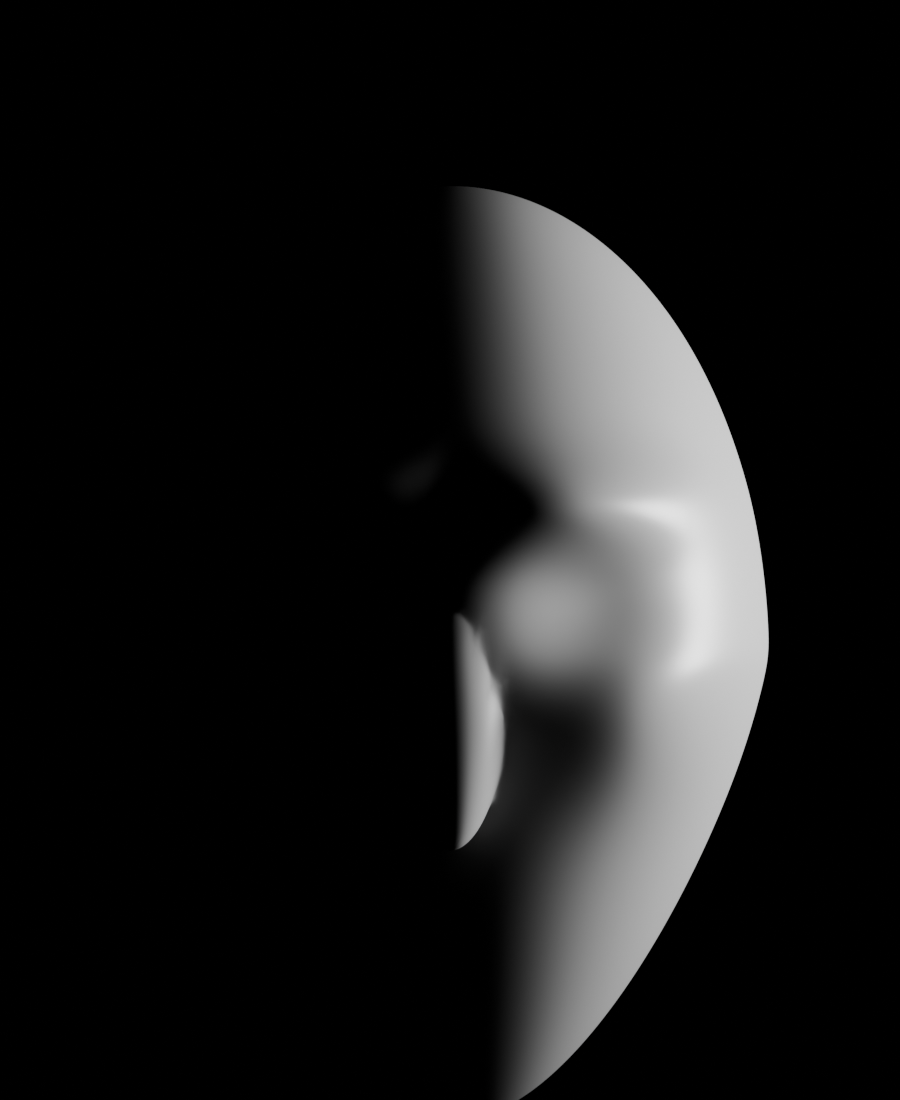 Procedural bust under split lighting with one half lit and one half in shadow