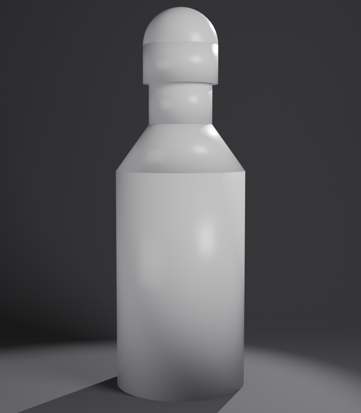 A cylindrical product bottle lit with a three-point setup, showing the key light highlight revealing form, the fill light retaining shadow-side detail, and the rim light creating edge separation from the dark background.