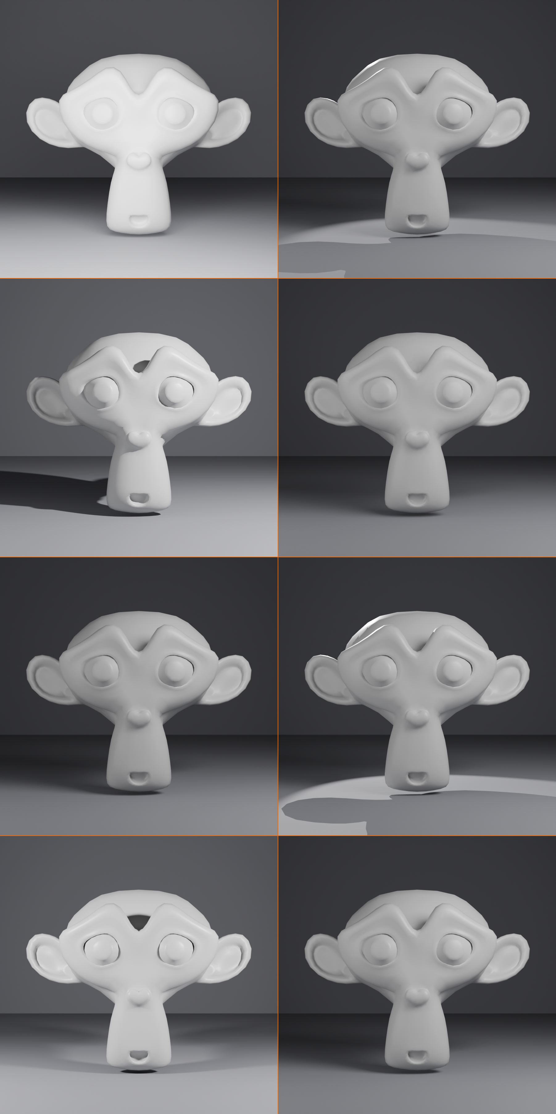 Eight-panel troubleshooting guide comparing common three-point lighting problems with their solutions: flat lighting fixed with a 3:1 ratio and key at 45 degrees, harsh shadows fixed with a larger light moved closer, lack of subject separation fixed by adding a rim light, and competing shadows fixed by using one key with fill shadows off.