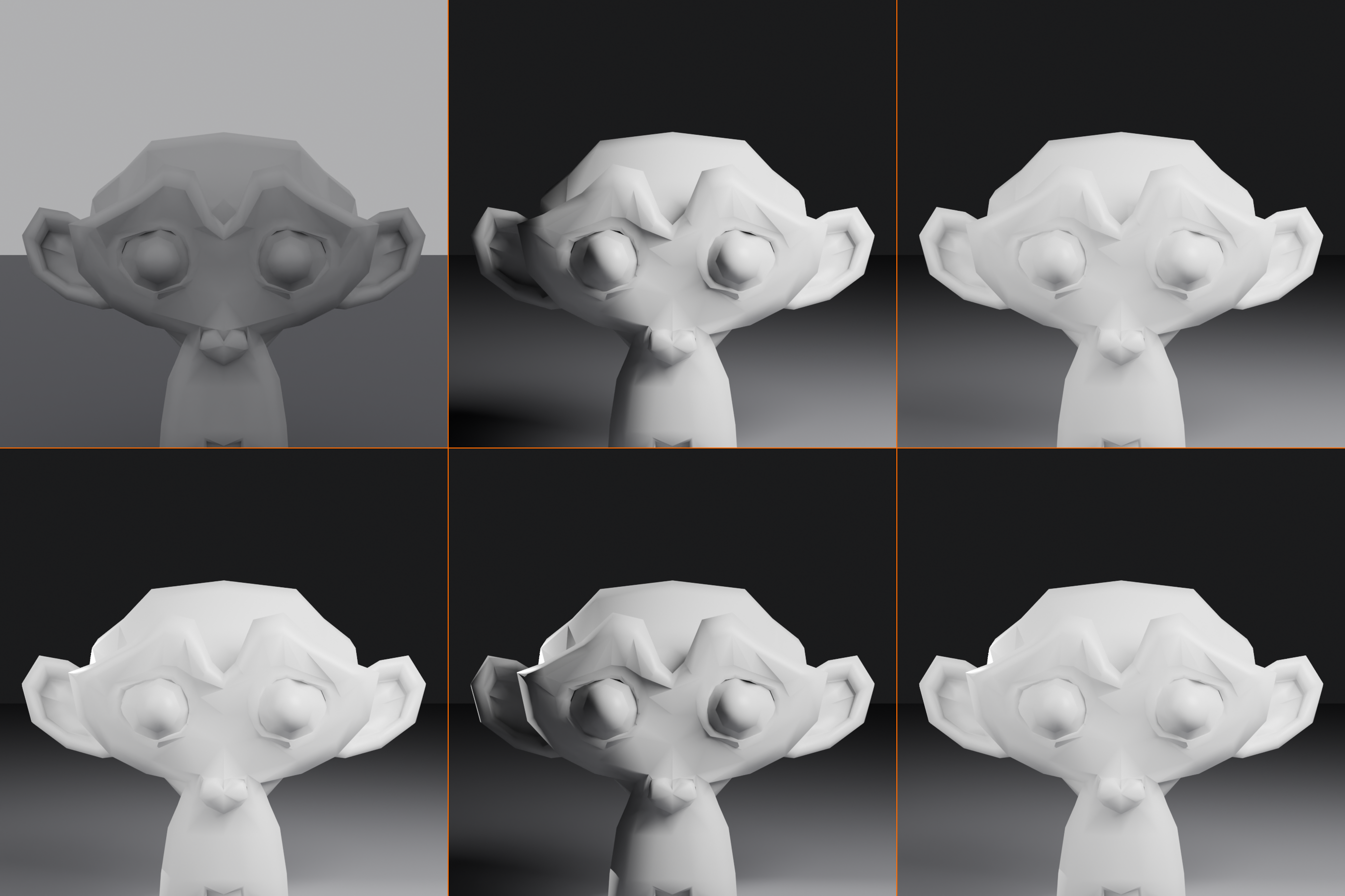 Six-panel montage of the three-point lighting project build, left to right top row: scene setup with Suzanne unlit, key light added for one-sided modeling, fill light added to open the shadows at a 3:1 ratio; bottom row: rim light added for edge separation, a low-key dramatic variation with the fill off, and the final balanced three-point result.