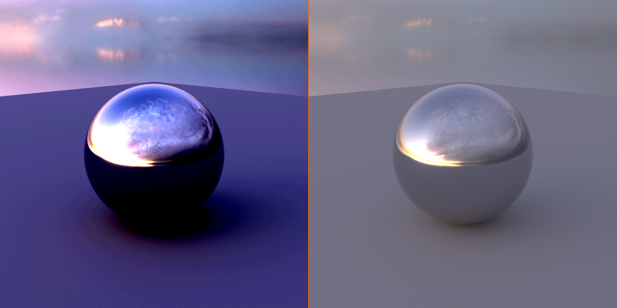 Side by side comparison of the same chrome sphere scene rendered as an 8-bit LDR image on the left and a 32-bit HDR image on the right. The LDR panel shows crushed black shadows and a blown-out highlight band where detail is lost, while the HDR panel holds detail in both the bright sky reflection and the darker lower sphere.