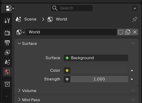 Blender's Properties editor on the World tab. The red world globe icon is selected in the left icon column. The Surface section shows the Background shader with a Color swatch and a Strength value of 1.000.