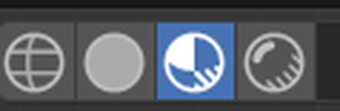 The four viewport shading icons in the top-right of the Blender 3D viewport, with Material Preview and Rendered highlighted.