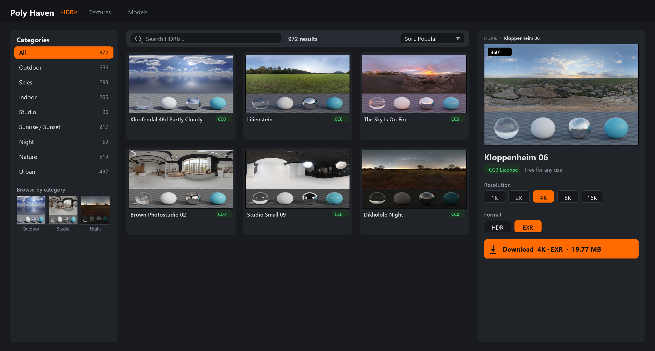 Poly Haven HDRI website navigation: category filter sidebar, search and sort toolbar, HDRI thumbnail grid, an individual asset card, and an asset page with multiple download resolutions