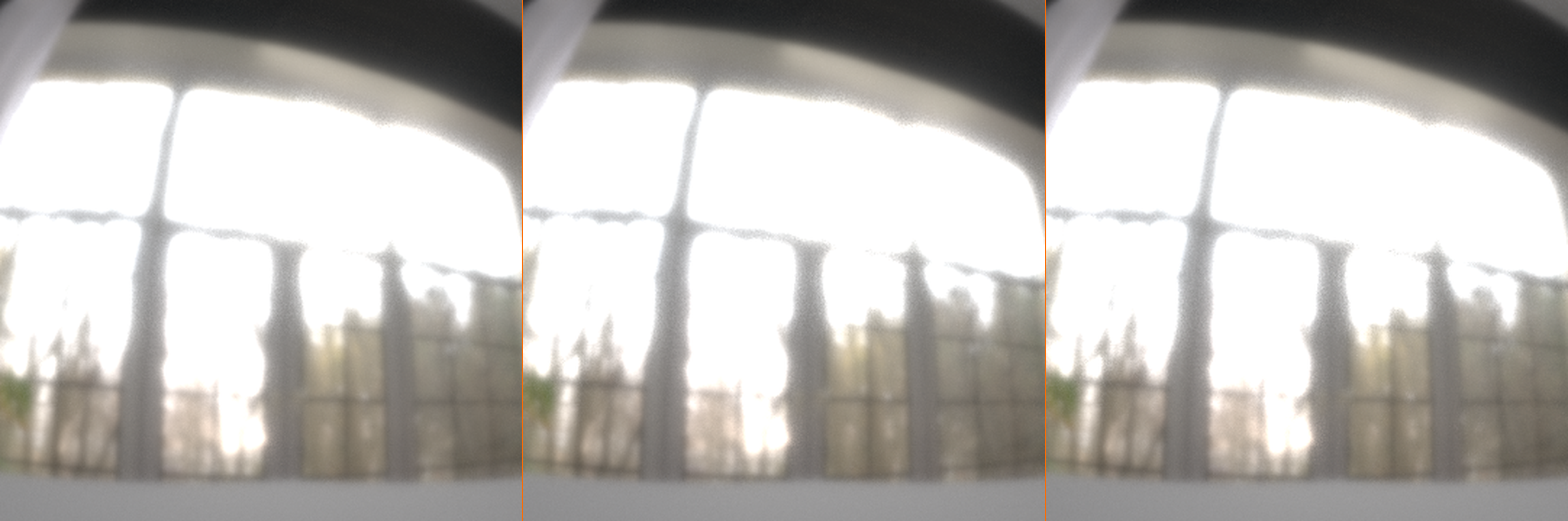 Three extreme close-ups of the same chrome sphere reflection, lit by a 2K, 4K, and 8K version of the same studio HDRI. The reflected window structure grows sharper from left to right as resolution increases.