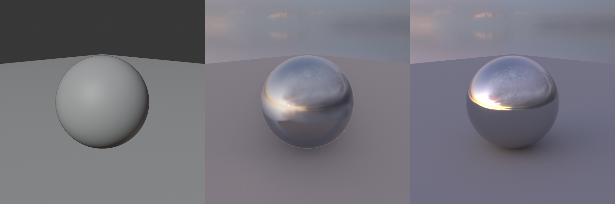 The same HDRI-lit chrome sphere shown in three viewport shading modes side by side: Solid (flat clay, no HDRI), Material Preview (HDRI reflections visible), and Rendered (full Cycles lighting and reflections).