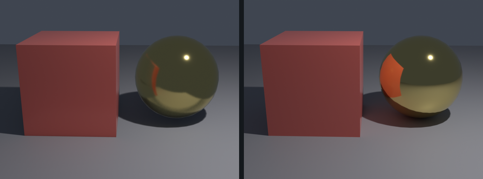 The same red cube and metallic gold sphere on a grey floor rendered two ways: left in Eevee Next, where the sphere shows only a partial screen-space reflection of the cube; right in Cycles, where the cube is fully reflected on the sphere and warm bounced light fills its lower face.