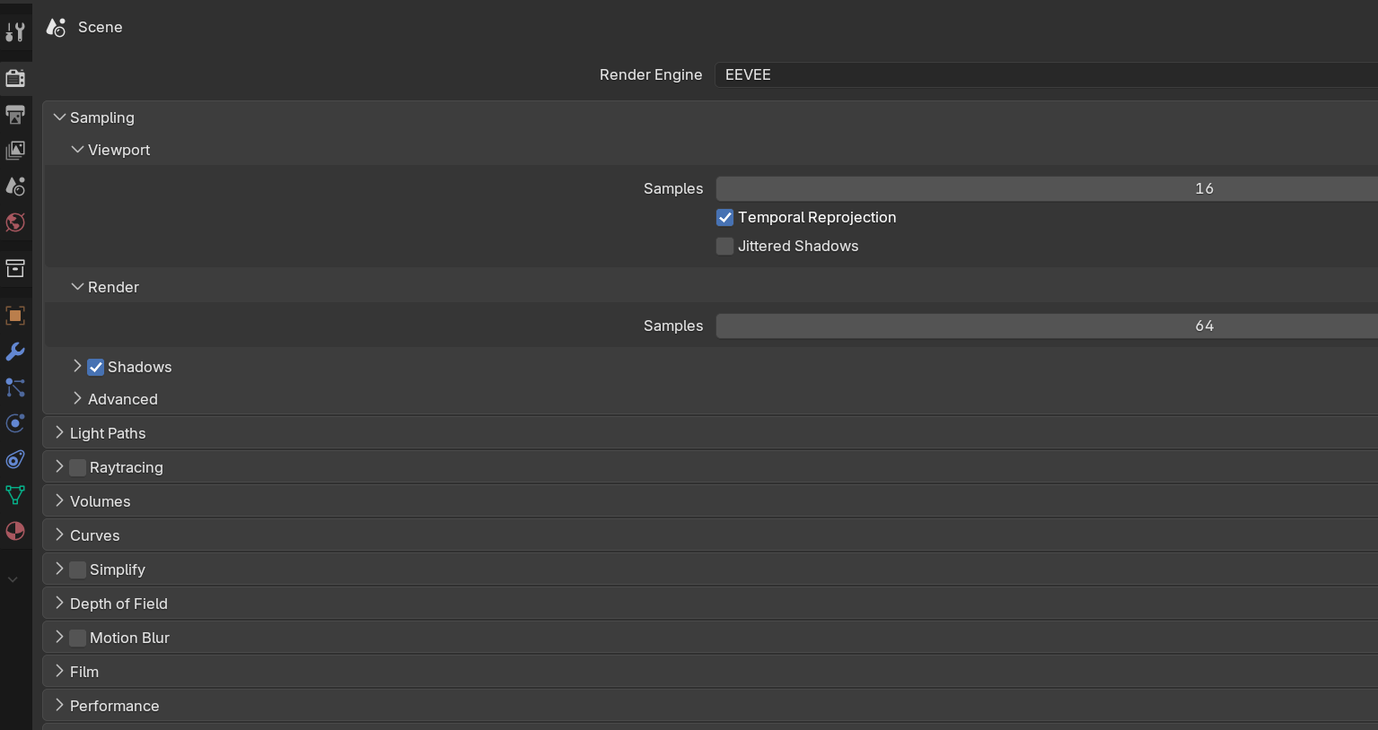 Blender 5.1.1 Render Properties tab with the EEVEE Next engine selected, showing the Sampling, Light Paths, Raytracing, Volumes and Performance panels. There is no Bloom, Screen Space Reflections or Ambient Occlusion panel.
