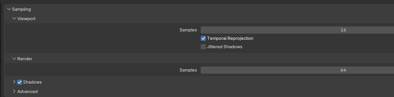 Blender 5.1.1 Sampling panel in the Render Properties tab, showing Viewport Samples set to 16, Render Samples set to 64, and the collapsed Shadows and Advanced subpanels.