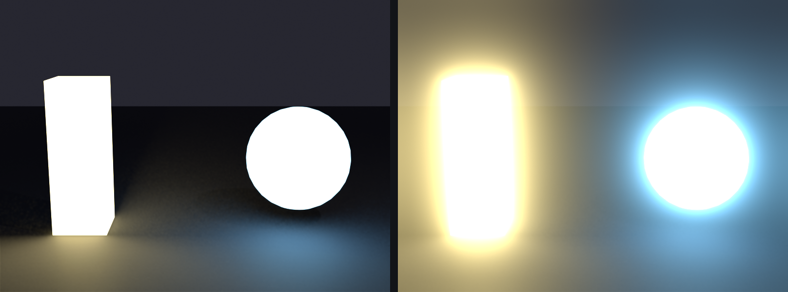 The same dark scene with a glowing yellow bar and a glowing cyan sphere rendered twice: left without any compositor, where the emissive shapes have hard clipped edges; right with a Compositor Glare node set to Bloom, where soft warm and cyan halos spread outward from the bright surfaces.